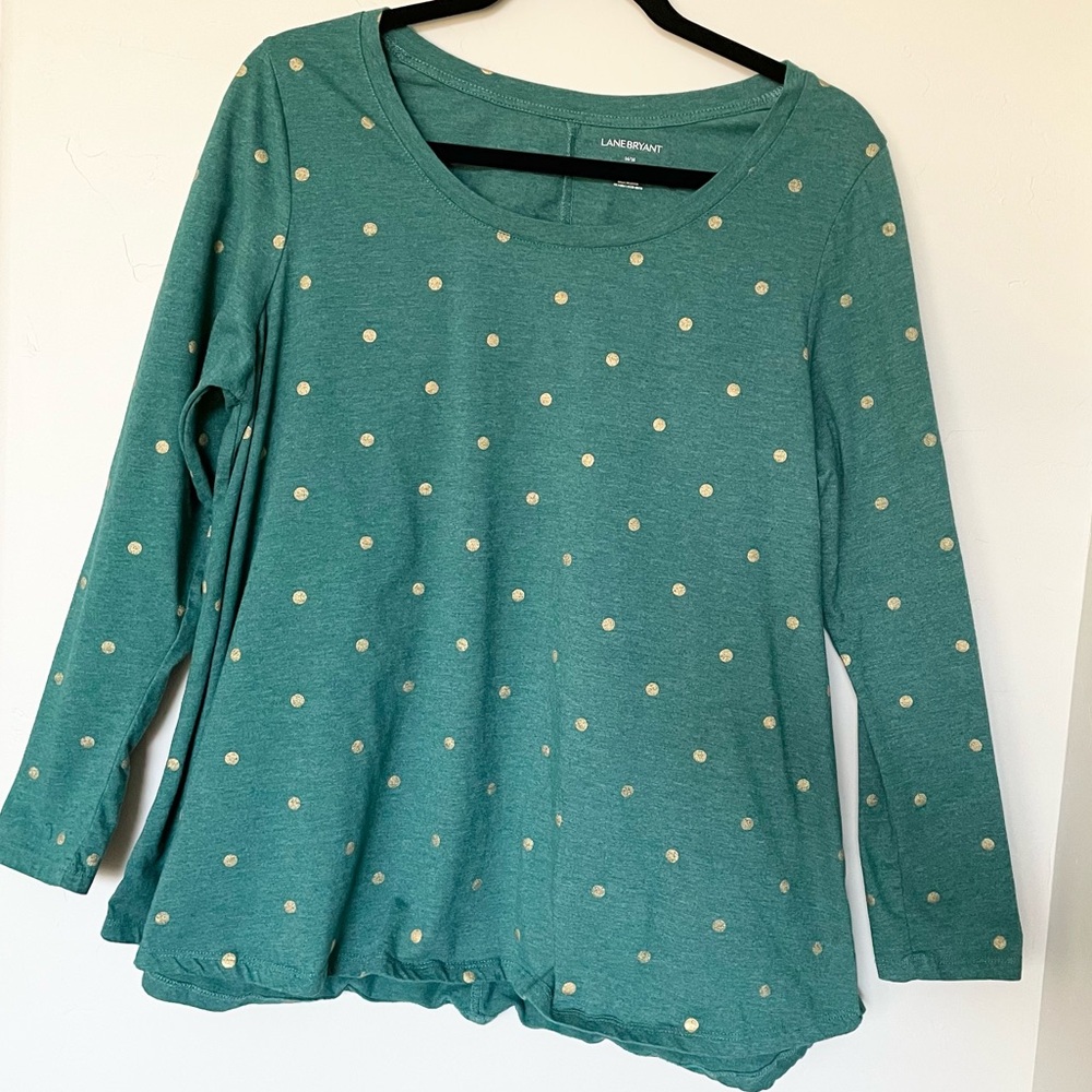 Lane Bryant Teal Green Metallic Gold Dot Long Sleeve Tee, Size 14/16